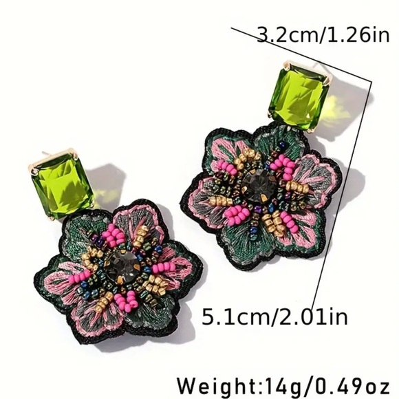 Zircon and Seed Beaded Embroidered Flower Earrings - Picture 4 of 4